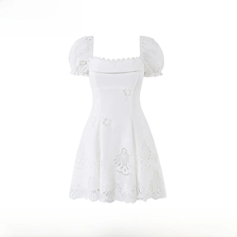 Cotton Lace Embroidered Bubble-Sleeve A-Line Mini Dress