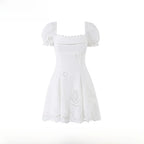 Cotton Lace Embroidered Bubble-Sleeve A-Line Mini Dress