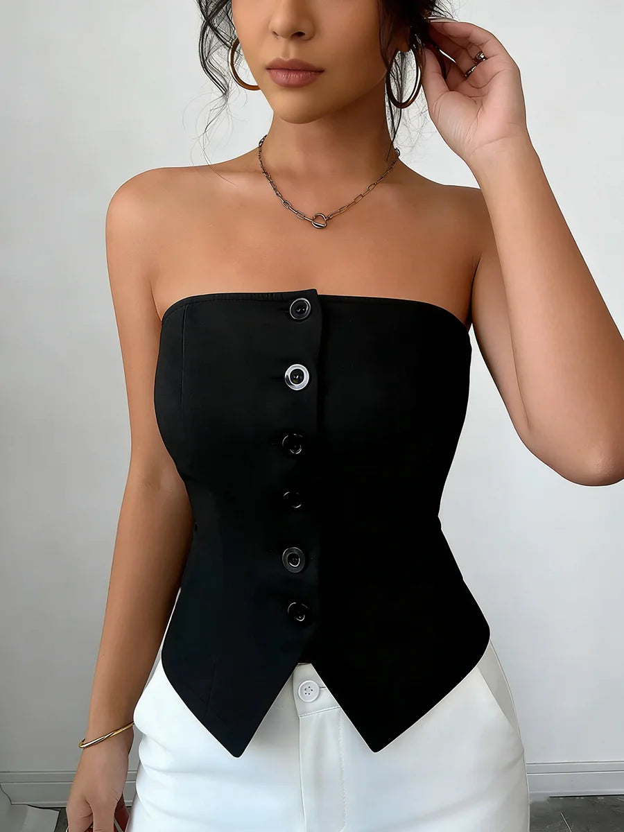 Strapless Button-Detail Corset Top