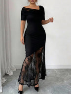 Asymmetric Neck Lace Patchwork Mermaid Maxi Dress
