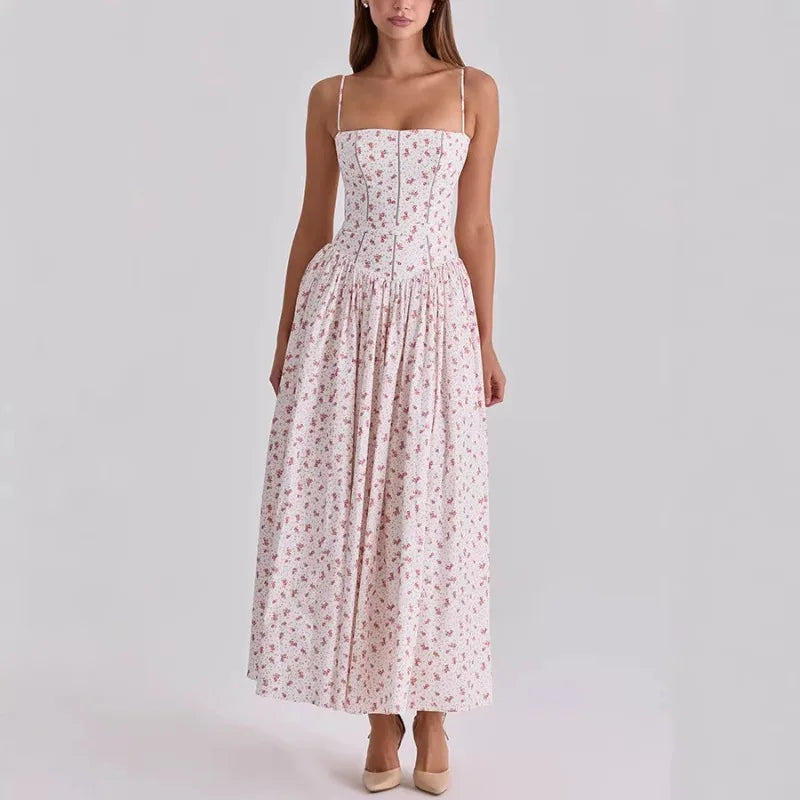 Floral Spaghetti-Strap Backless Corset Maxi Dress