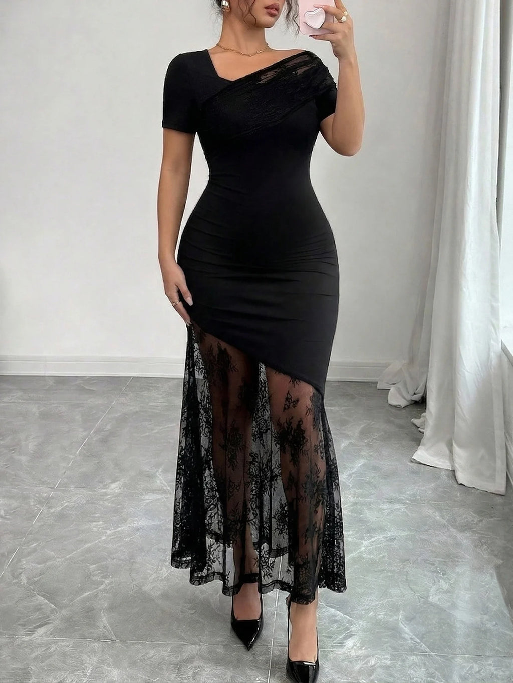 Asymmetric Neck Lace Patchwork Mermaid Maxi Dress