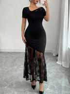 Asymmetric Neck Lace Patchwork Mermaid Maxi Dress