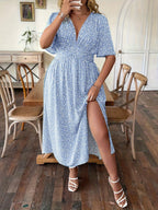 Floral V-Neck Waist-Cinched A-Line Dress