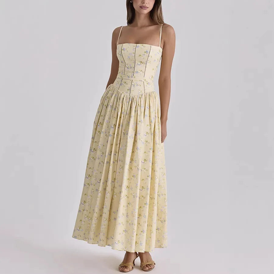Floral Spaghetti-Strap Backless Corset Maxi Dress