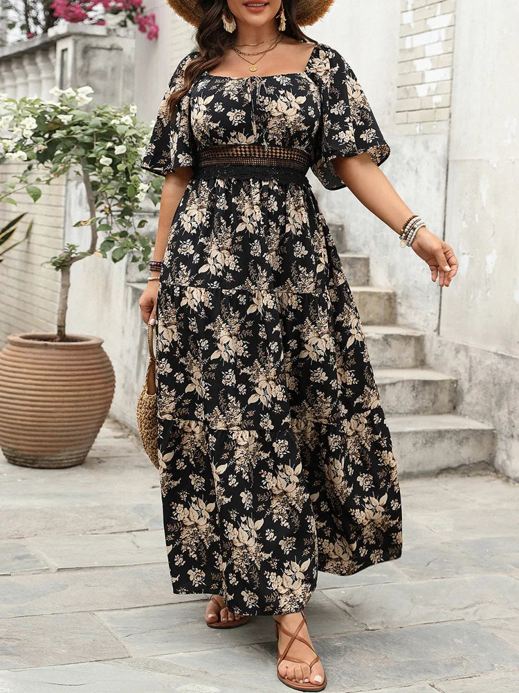 Floral Square-Neck Knot-Front Maxi Dress