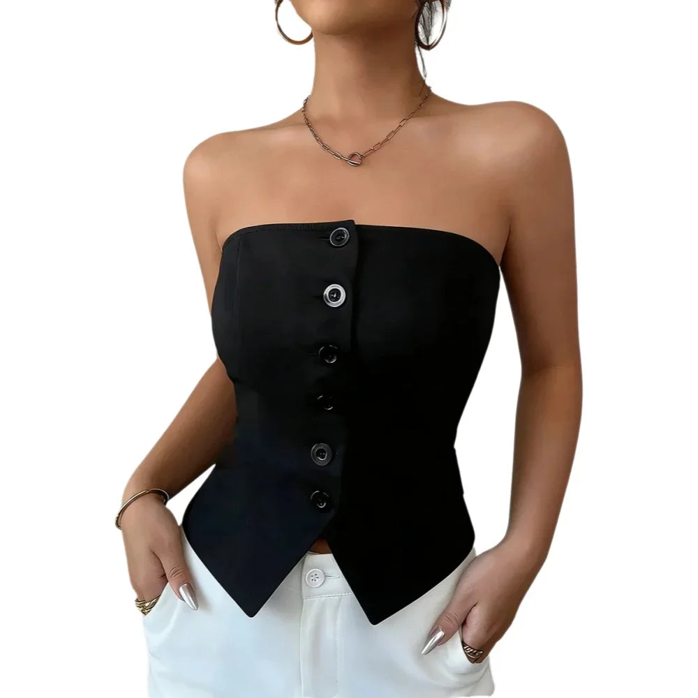 Strapless Button-Detail Corset Top