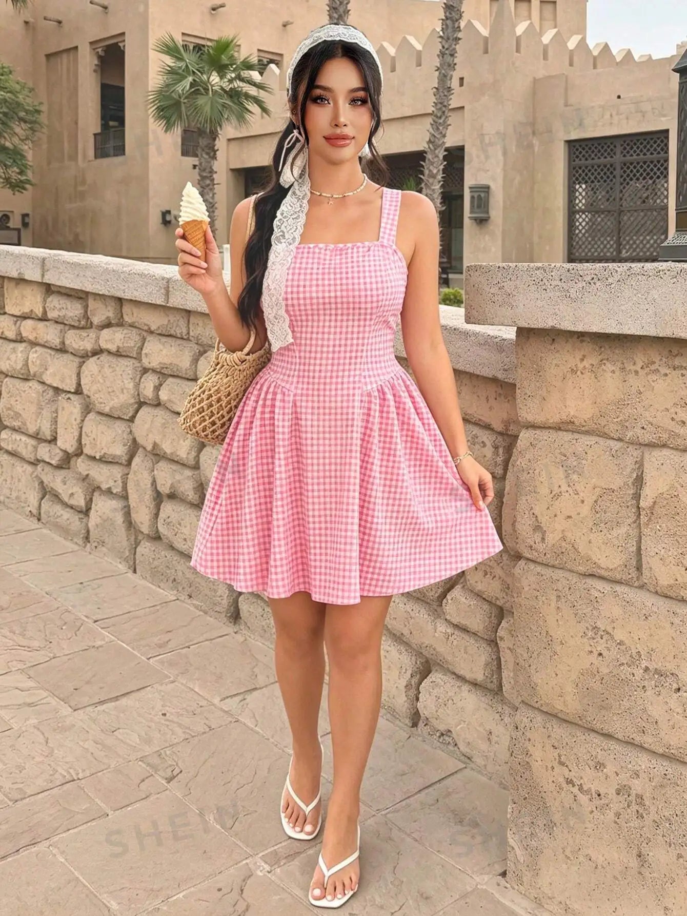 Plaid Spaghetti-Strap Waist-Cinched Mini Dress