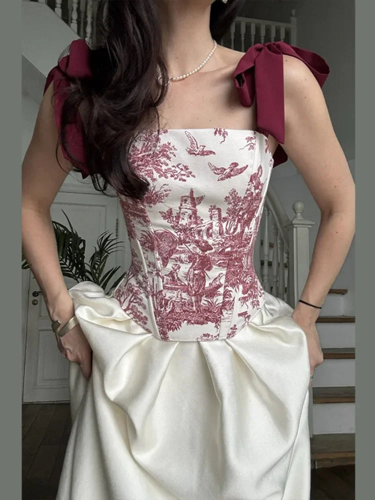 Print Bow-Tie Lace-Up Corset Top
