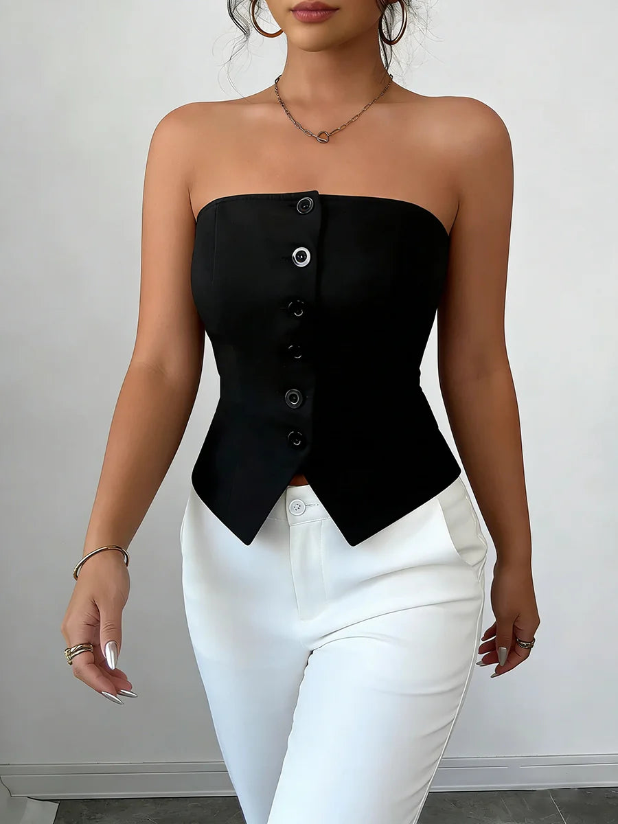Strapless Button-Detail Corset Top