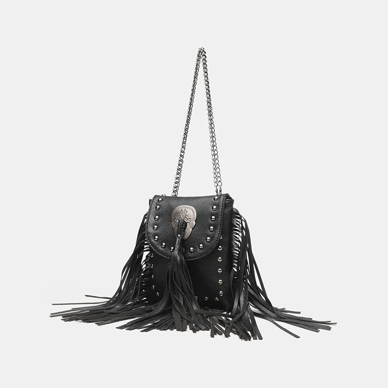 Chain-Tassel Studded Shoulder Bag