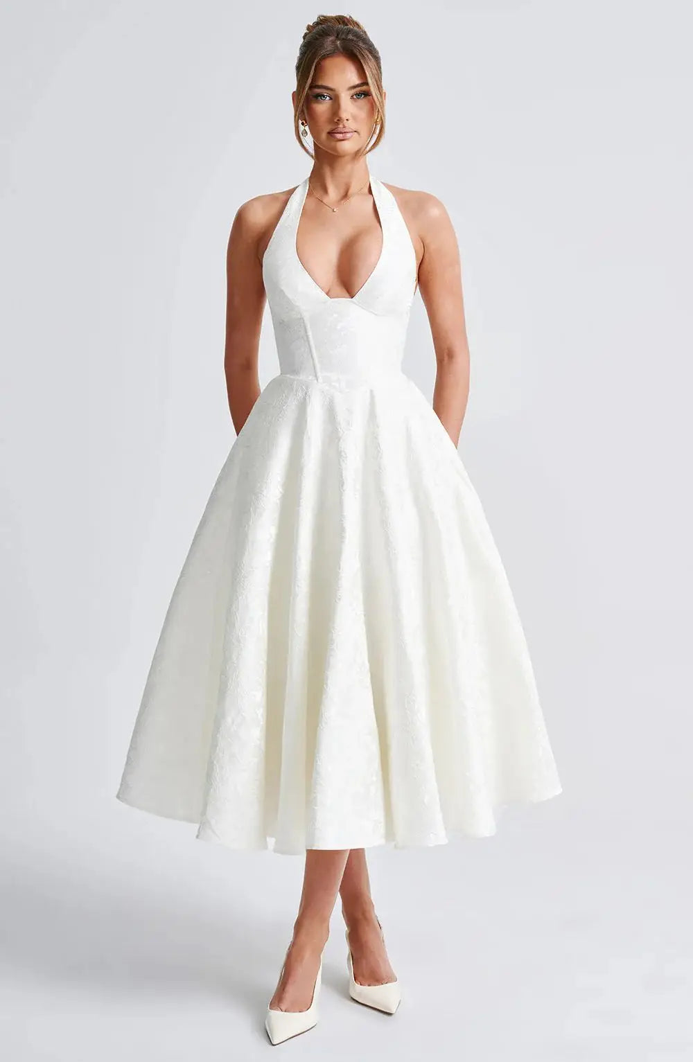 Jacquard Backless Lace-Up Corset Midi Dress