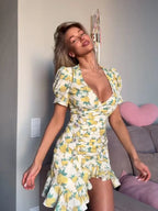 Pink Floral Ruffle Puff-Sleeve Slim Dress