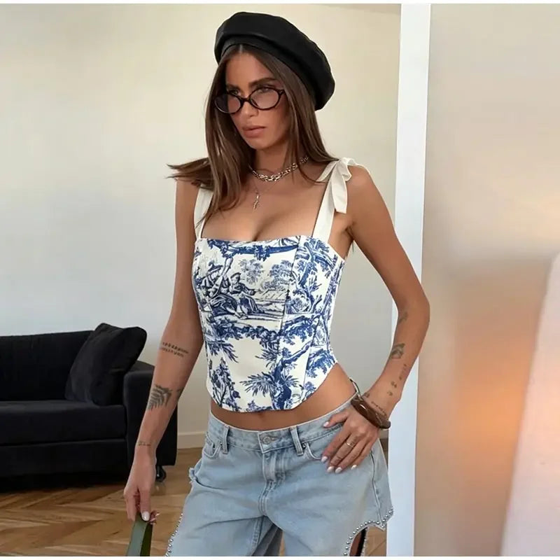 Print Bow-Tie Lace-Up Corset Top