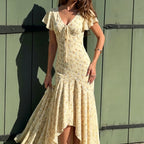 French Floral Deep-V Flutter-Sleeve Mermaid Maxi Dress