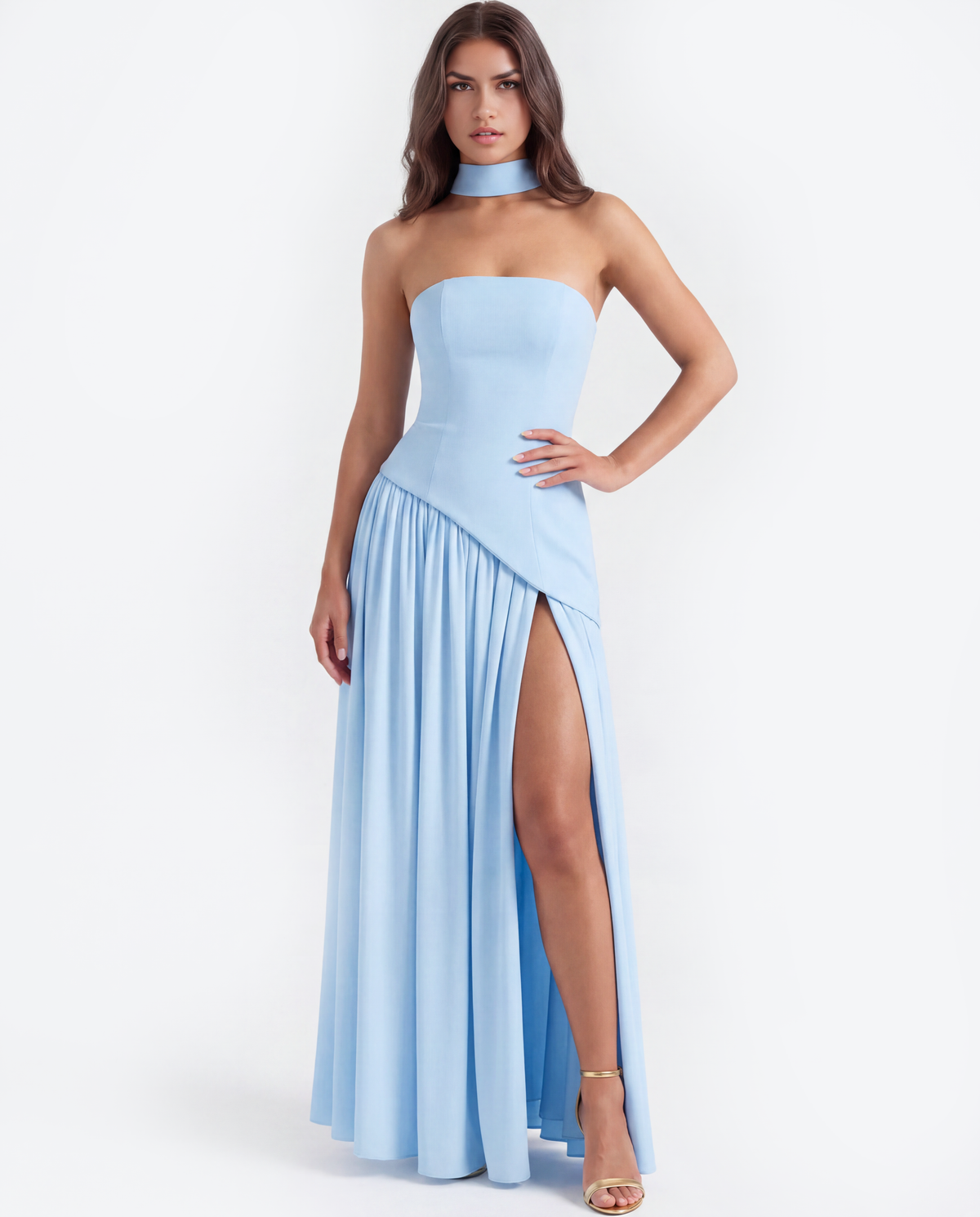Serena Blue Strapless Crepe Maxi Dress