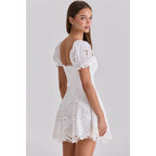 Cotton Lace Embroidered Bubble-Sleeve A-Line Mini Dress