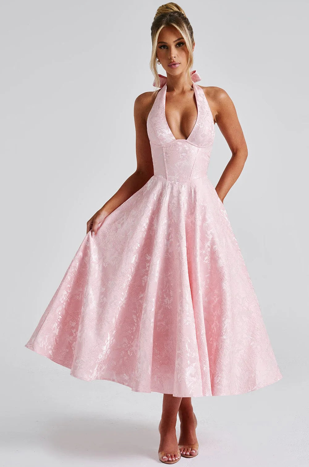 Jacquard Backless Lace-Up Corset Midi Dress