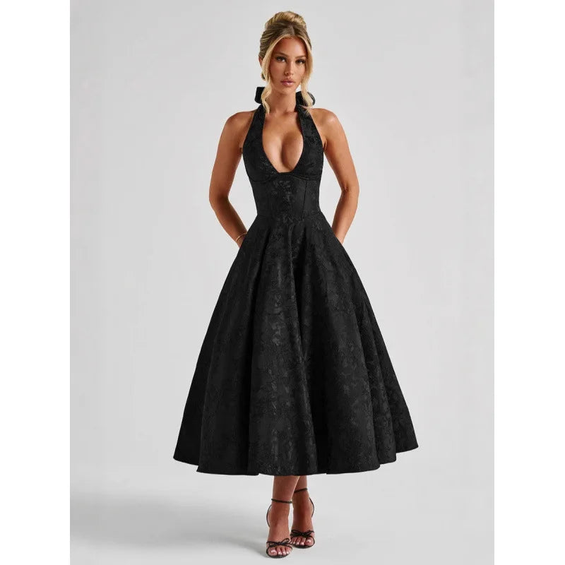 Jacquard Backless Lace-Up Corset Midi Dress