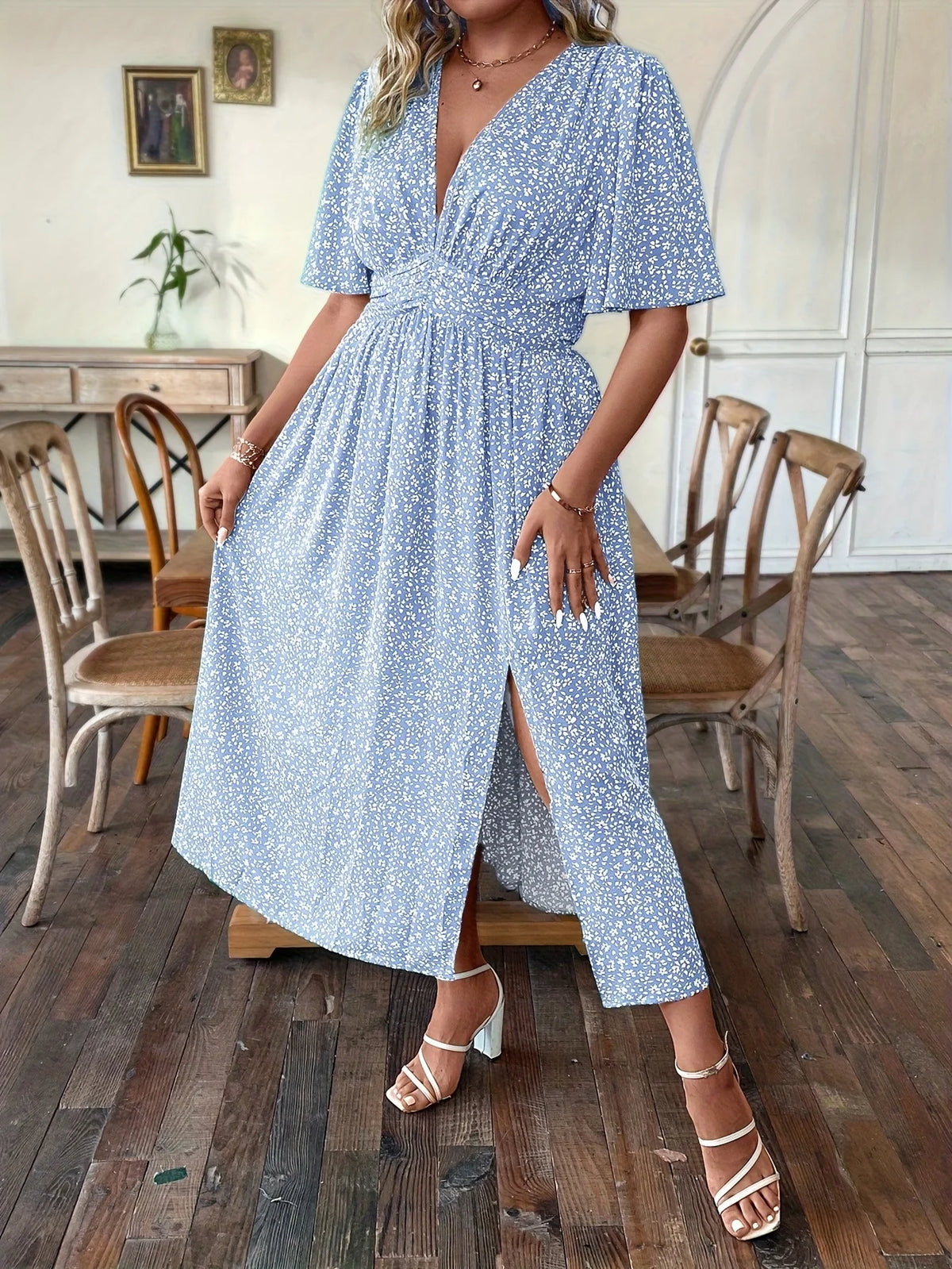 Floral V-Neck Waist-Cinched A-Line Dress