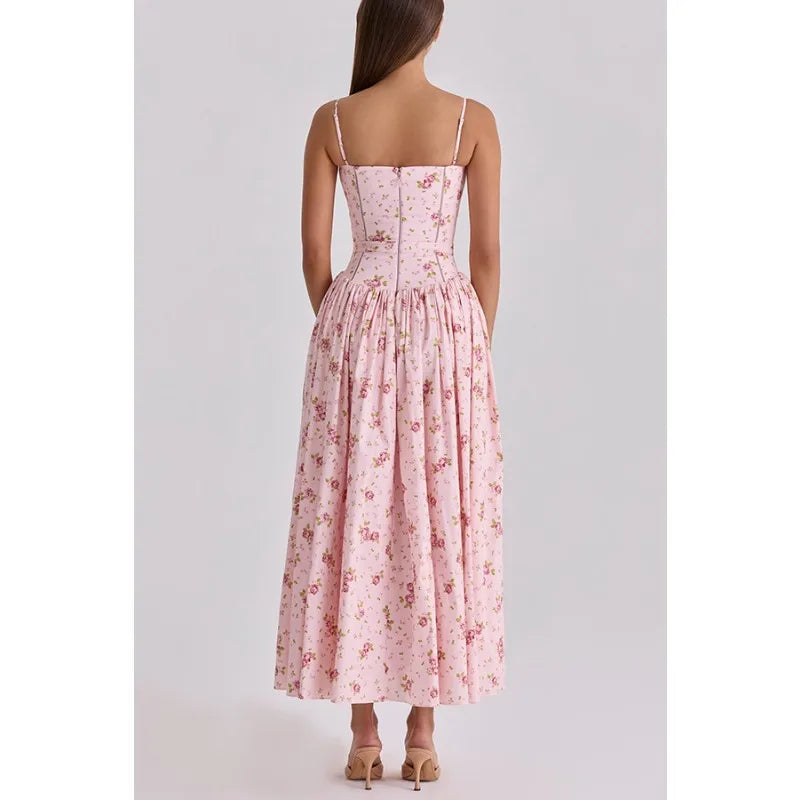 Floral Spaghetti-Strap Backless Corset Maxi Dress