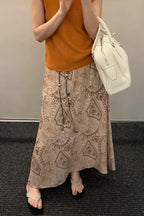 Print Beaded-Belt A-Line Maxi Skirt