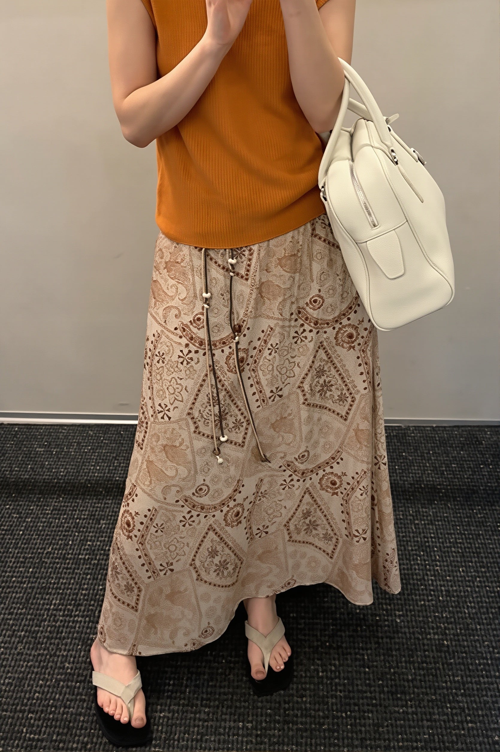 Print Beaded-Belt A-Line Maxi Skirt