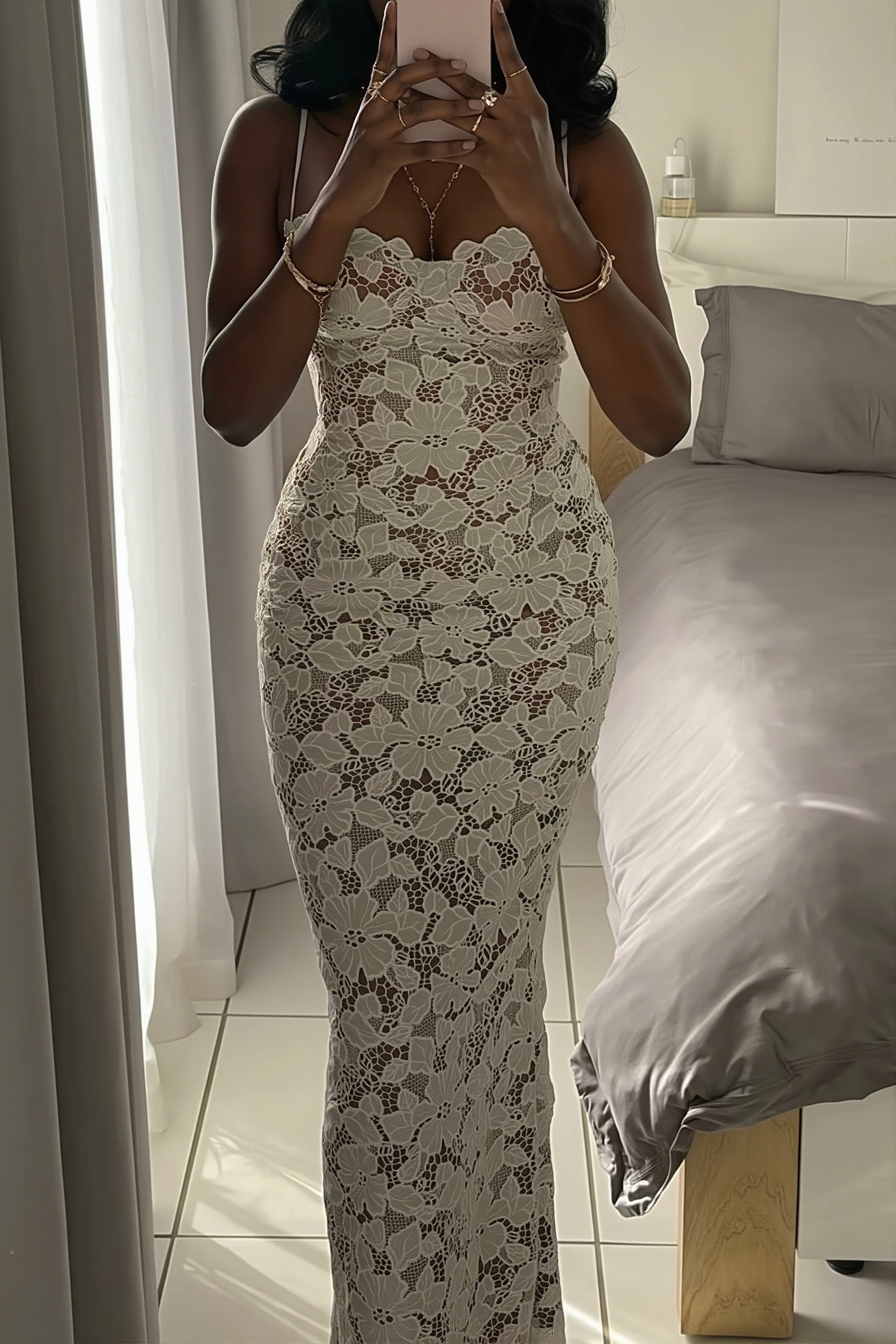 Lace Cami Tie-Split Slim Maxi Dress