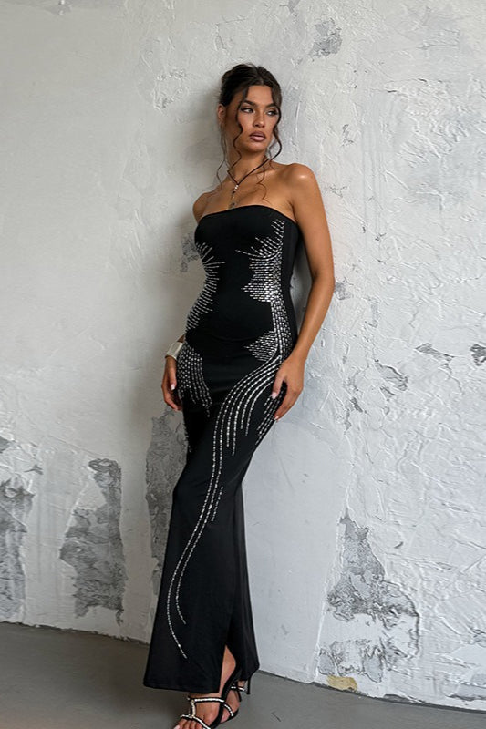 Rhinestone Strapless Off-Shoulder Maxi Dress