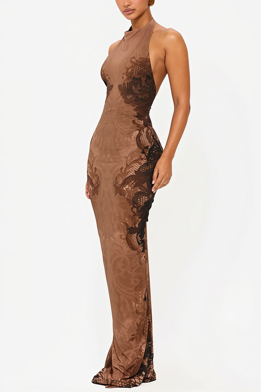 Lace-Pattern Halter Backless Maxi Dress