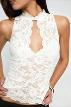 Deep-V Lace Sheer Halter Top