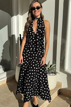 Polka Dot Backless Tie Bodycon Maxi Dress