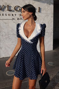 Polka Dot Lace-Trim V-Neck Mini Dress