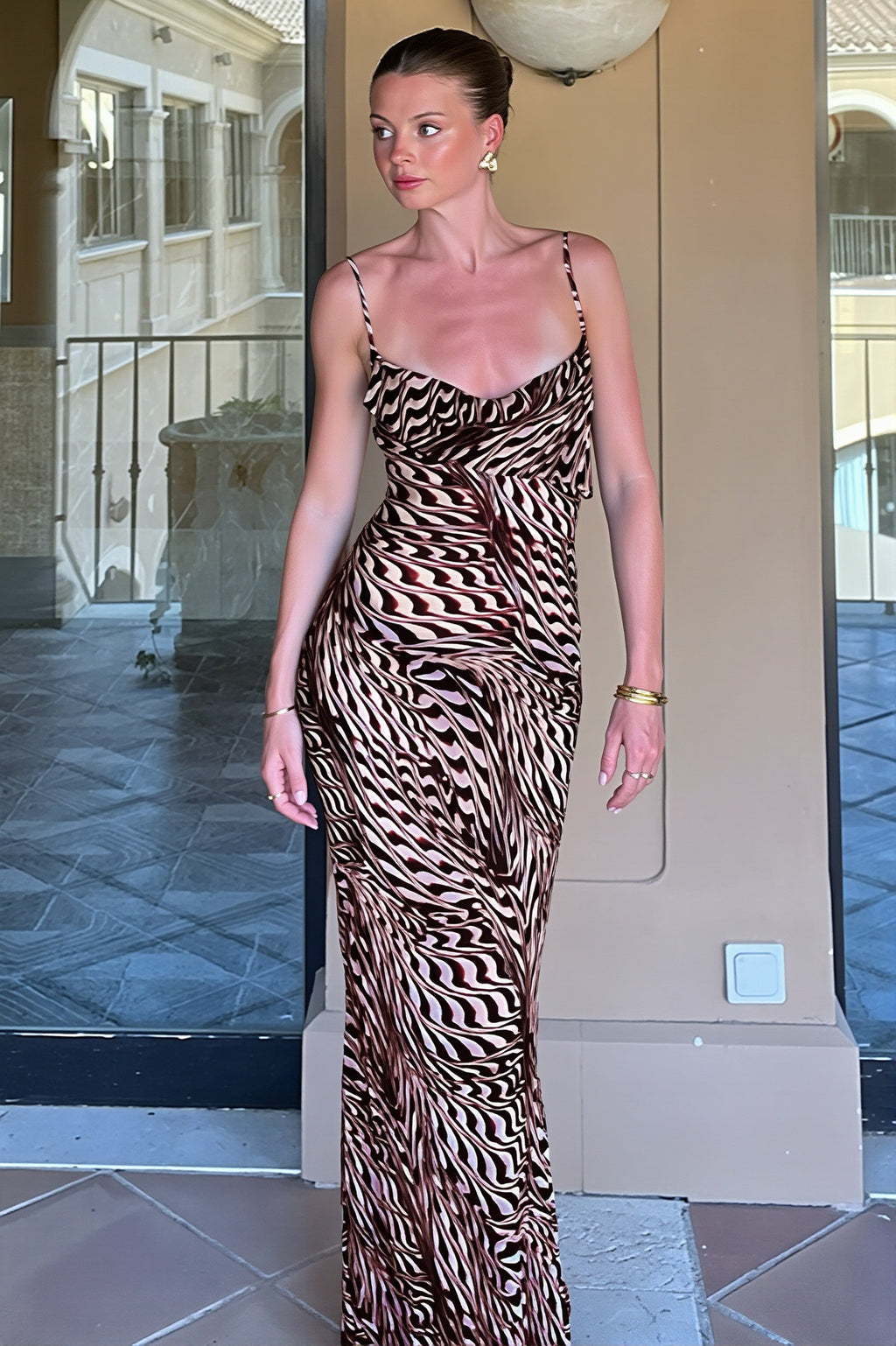 Sheer Mesh Cowl-Neck Slip Maxi Dress