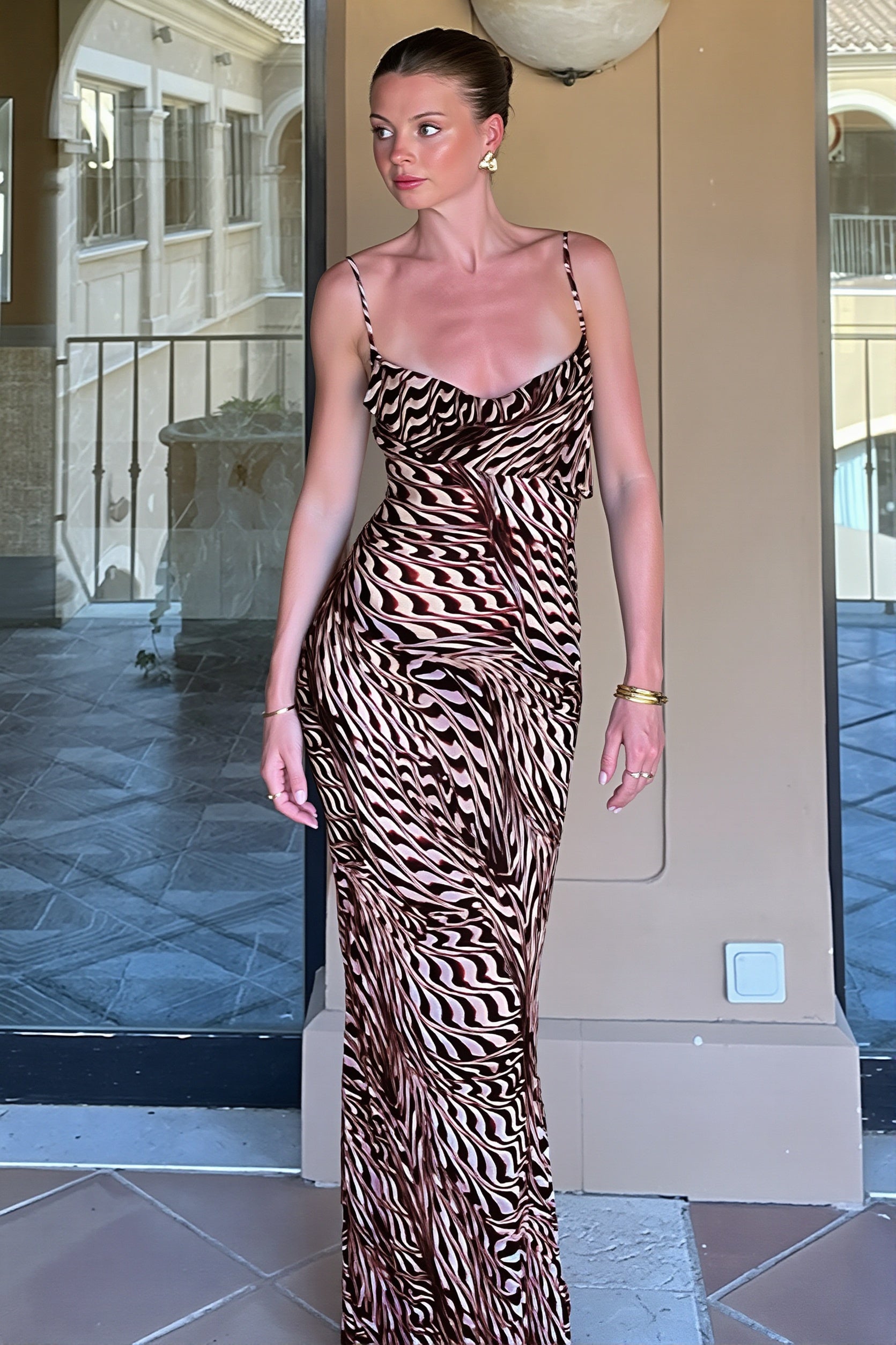 Sheer Mesh Cowl-Neck Slip Maxi Dress