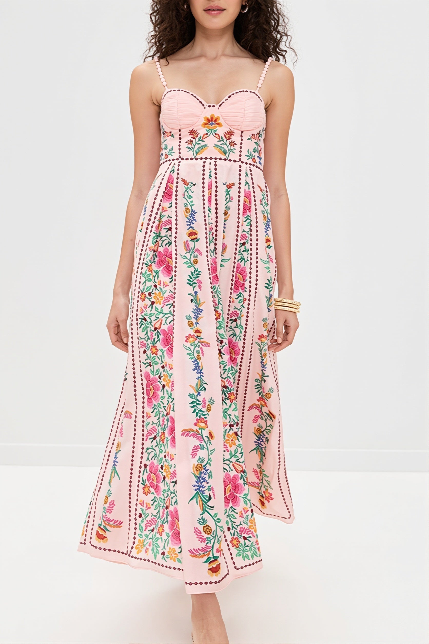 Floral Linen Spaghetti-Strap Boho Dress