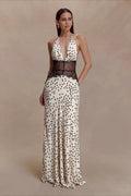 Polka Dot Lace-Patchwork Deep-V Maxi Dress