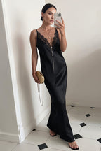 Satin Lace-Trim Mermaid Maxi Dress