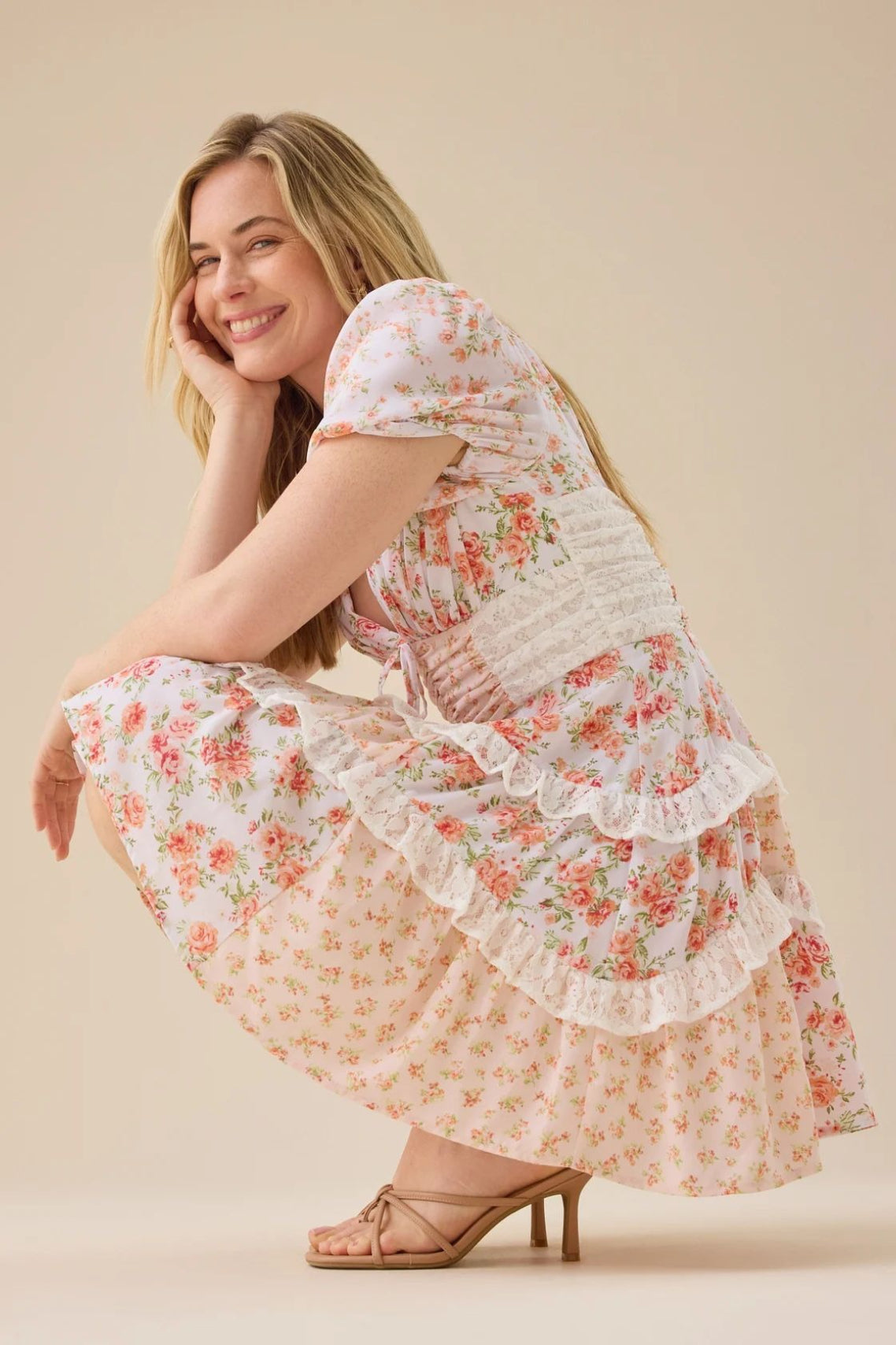 Floral Lace-Patchwork Puff-Sleeve Mini Dress