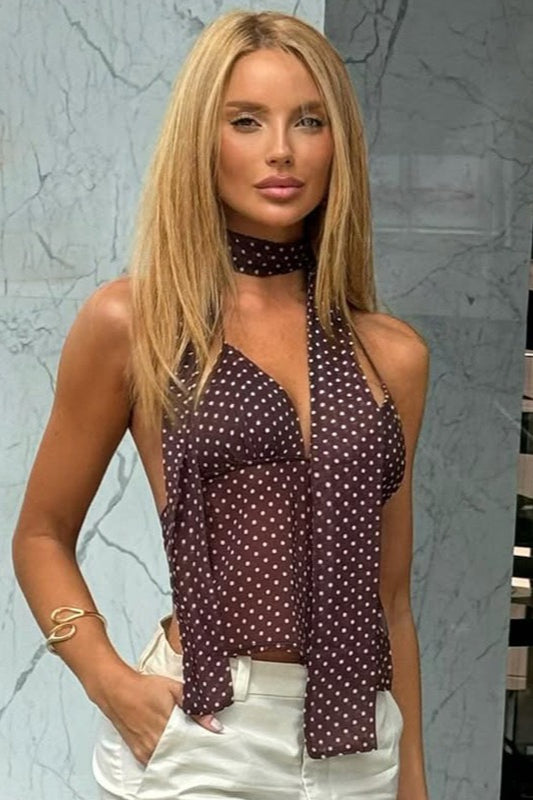 Polka Dot Deep-V Tie Cami Top