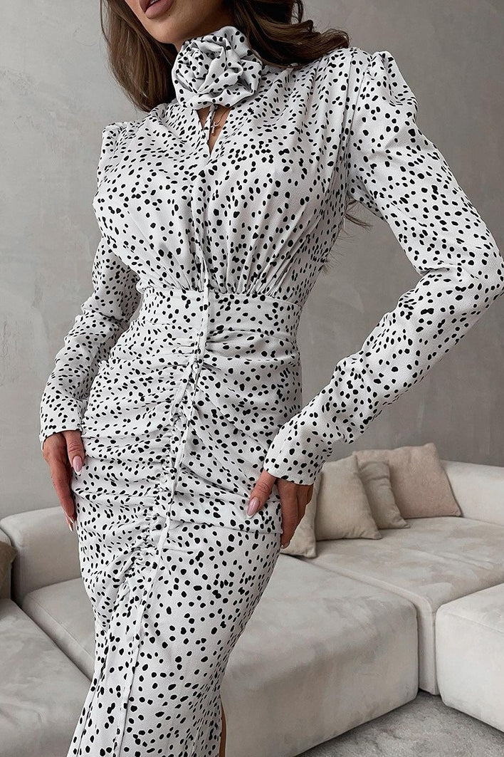 Polka Dot Floral Puff-Sleeve Maxi Dress
