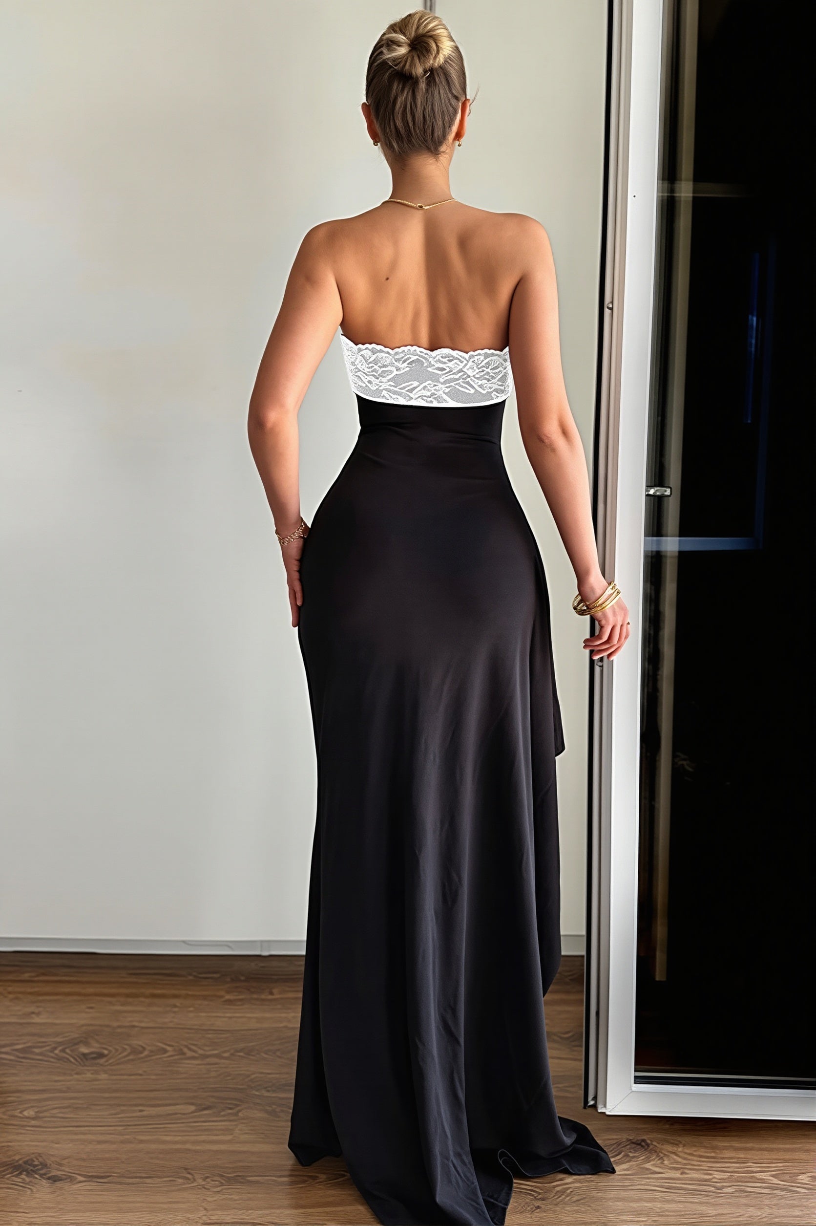 Lace-Trim Strapless Bodycon Slit Maxi Dress
