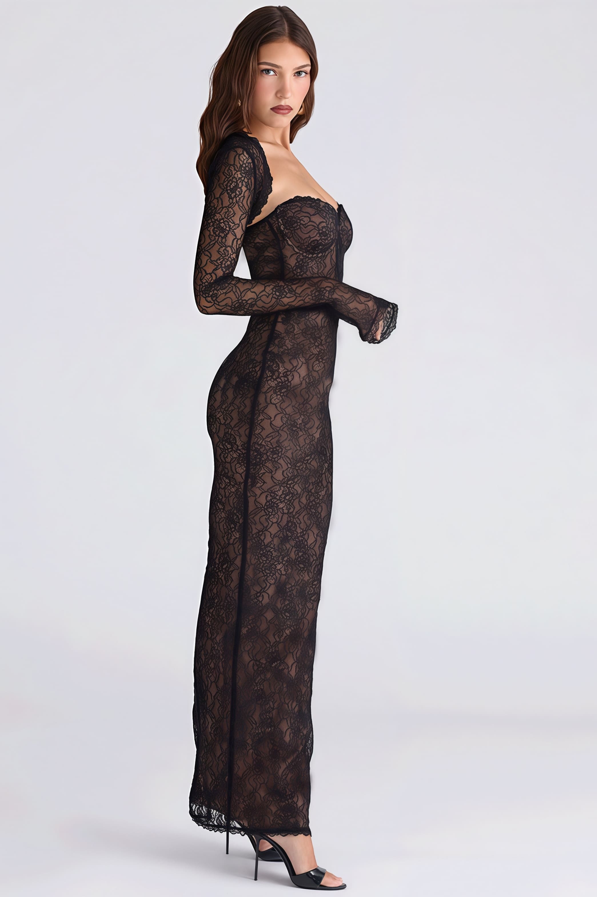 Lace Sheer-Shawl Bandeau Maxi Dress