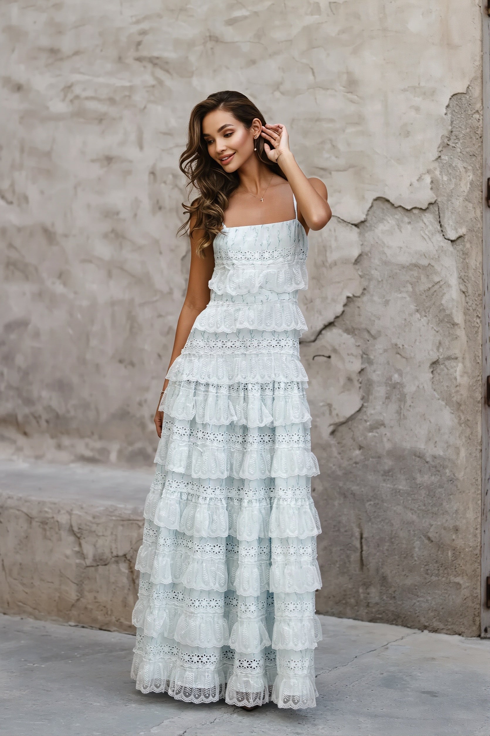 Lace-Trim Tiered-Ruffle Cami Maxi Dress