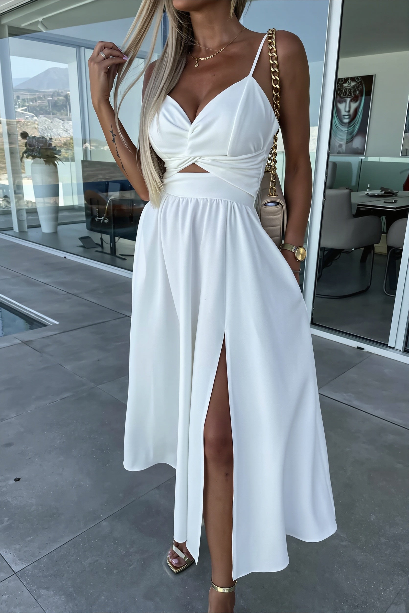 Deep-V Cutout Cami Swing Maxi Dress