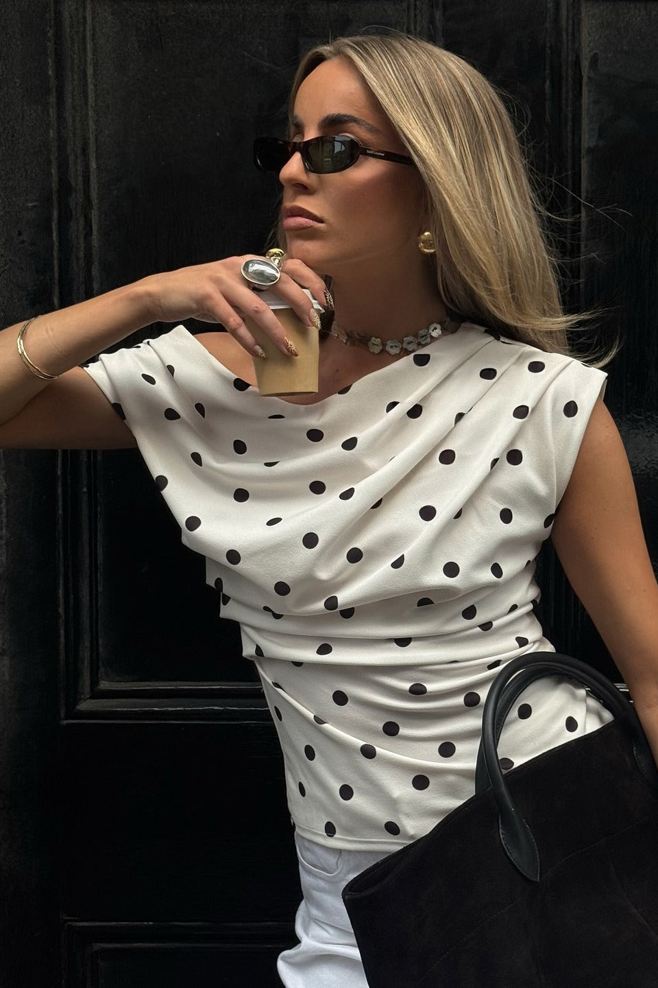 Retro Polka Dot One-Shoulder Blouse