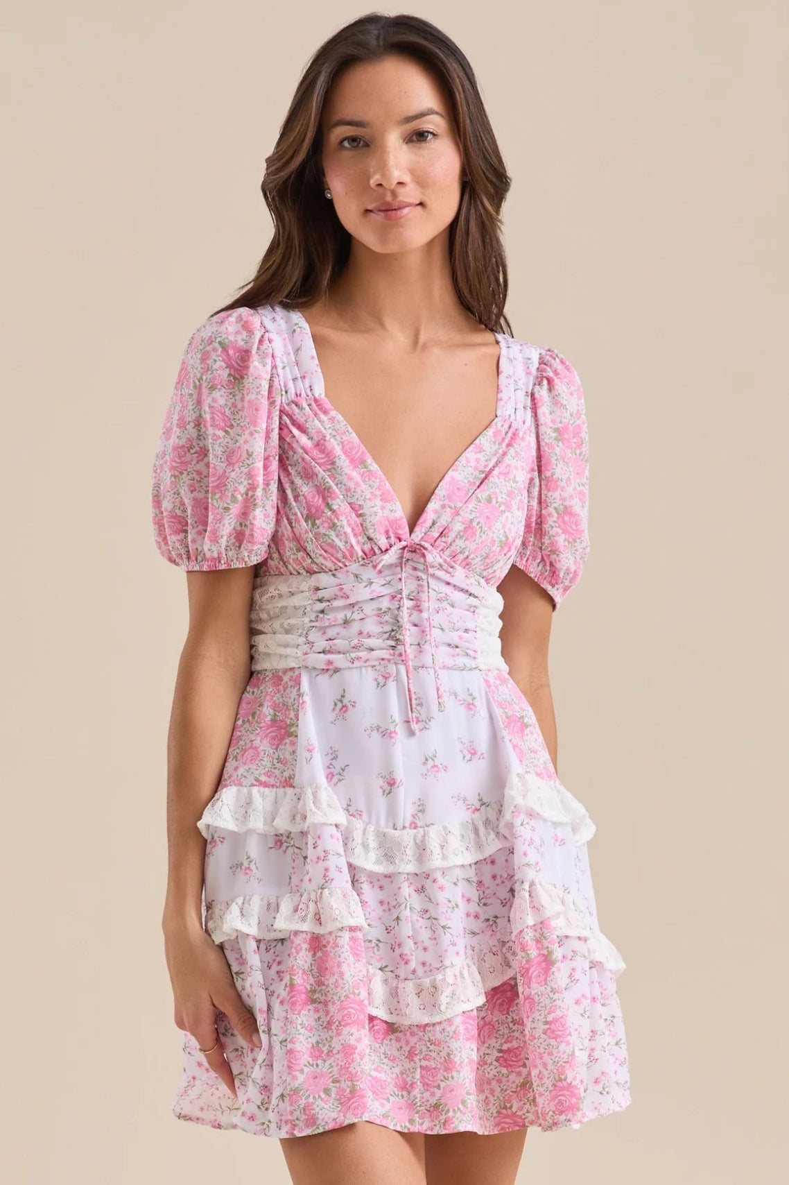Floral Lace-Patchwork Puff-Sleeve Mini Dress
