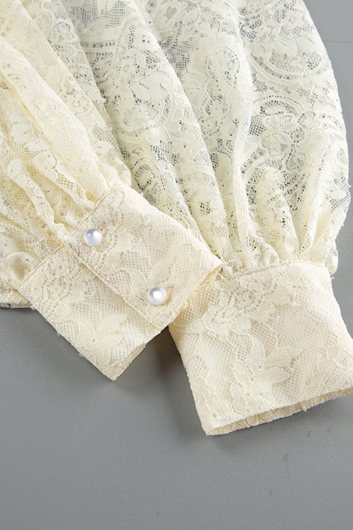 Sheer Lace Tie Long-Sleeve Blouse