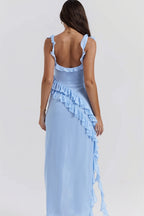 Ribbon Ruffle-Splice Slit Maxi Dress