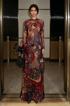 Round-Neck Print Waist-Tie Slit Maxi Dress